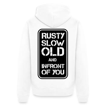 Rusty Slow but Infront - Unisex Premium Bio Zip Hoodie - Weiß - Hinten - Thijin (182cm)