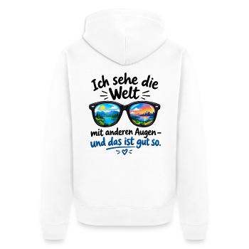 Weltblick in Sonnenbrille - Unisex Premium Bio Zip Hoodie - Weiß - Hinten - Thijin (182cm)