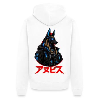 Cyberpunk Anubis Japanische rote Sonne Streetwear - Unisex Premium Bio Zip Hoodie - Weiß - Hinten - Thijin (182cm)