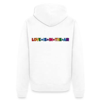 LOVE IS IN THE AIR – Bunter Regenbogen Schriftzug  - Unisex Premium Bio Zip Hoodie - Weiß - Hinten - Thijin (182cm)