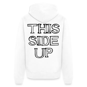 This Side Up Schriftzug handgezeichnet - Unisex Premium Bio Zip Hoodie - Weiß - Hinten - Thijin (182cm)