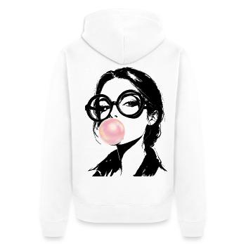 Portrait einer Frau Streetart mit rosa Kaugummi  - Unisex Premium Bio Zip Hoodie - Weiß - Hinten - Thijin (182cm)
