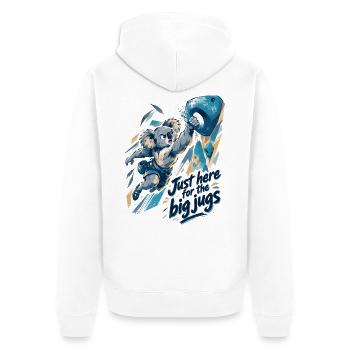 Koala am Boulder-Griff: Just here for big jugs - Unisex Premium Bio Zip Hoodie - Weiß - Hinten - Thijin (182cm)