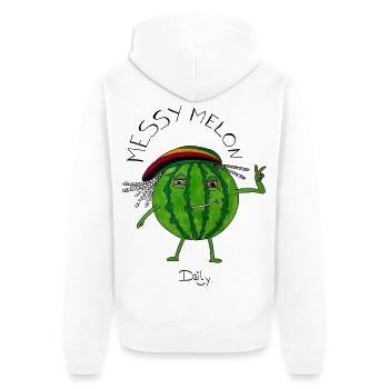 MessyMelon – tiefenentspannte Wassermelone - Unisex Premium Bio Zip Hoodie - Weiß - Hinten - Thijin (182cm)