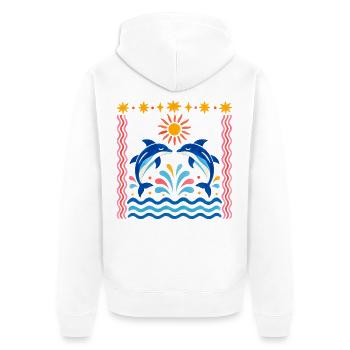 Bunte Delfine bei Sonnenaufgang - Unisex Premium Bio Zip Hoodie - Weiß - Hinten - Thijin (182cm)