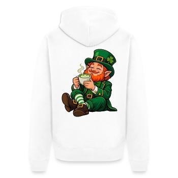 Leprechaun mit Matcha Latte – Irischer Glückszaube - Unisex Premium Bio Zip Hoodie - Weiß - Hinten - Thijin (182cm)
