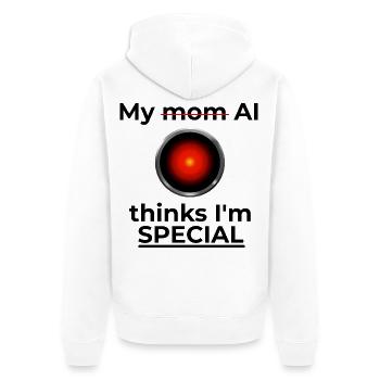 Meine KI hält mich für etwas Besonderes - Unisex Premium Bio Zip Hoodie - Weiß - Hinten - Thijin (182cm)