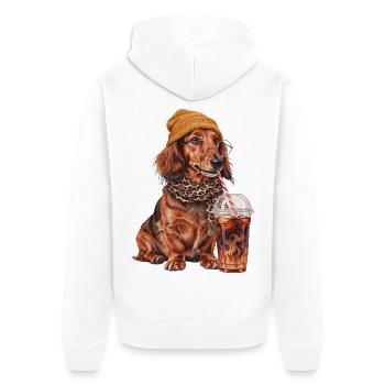 Langhaardackel mit Leo-Schal und Eiskaffee - Unisex Premium Bio Zip Hoodie - Weiß - Hinten - Thijin (182cm)