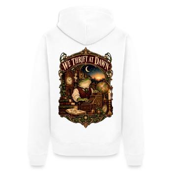 Wir kaufen Secondhand bei Dawn Frosch Antiquitäten-Secondhand-Shopping - Unisex Premium Bio Zip Hoodie - Weiß - Hinten - Thijin (182cm)