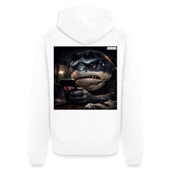 Hai_mit_Handy-_Akku1- - Unisex Premium Bio Zip Hoodie - Weiß - Hinten - Thijin (182cm)