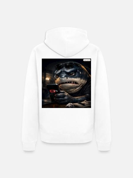 Hai_mit_Handy-_Akku1- - Unisex Premium Bio Zip Hoodie - Weiß