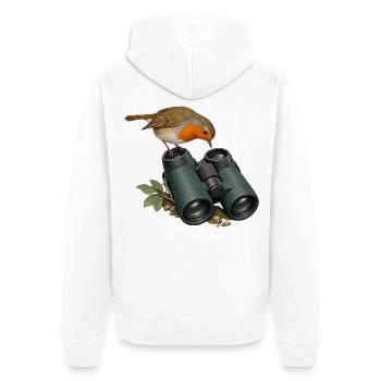 Perspektivwechsel – Rotkehlchen am Fernglas - Unisex Premium Bio Zip Hoodie - Weiß - Hinten - Thijin (182cm)