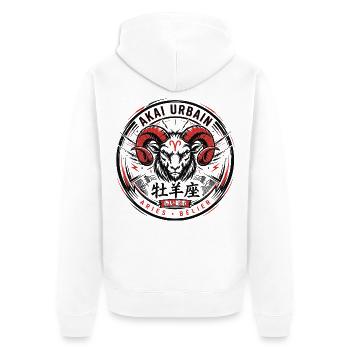 Böder Urban: Rotes Widder-Emblem - Unisex Premium Bio Zip Hoodie - Weiß - Hinten - Thijin (182cm)