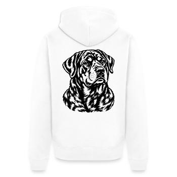 Rottweiler – Schwarz Weiß Hundeporträt Gravur - Unisex Premium Bio Zip Hoodie - Weiß - Hinten - Thijin (182cm)