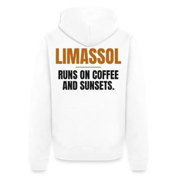 Limassol läuft auf Kaffee und Sonnenuntergängen - Unisex Premium Bio Zip Hoodie - Weiß - Hinten - Thijin (182cm)