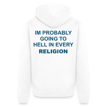 033 Religiöses Paradox Meme Tee - Unisex Premium Bio Zip Hoodie - Weiß - Hinten - Thijin (182cm)