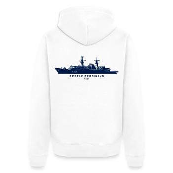 Regele Ferdinand F221 – Minimalistische Silhouette - Unisex Premium Bio Zip Hoodie - Weiß - Hinten - Thijin (182cm)
