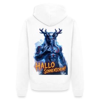 Hallo Sonnenschein! – Dämon mit Humor  - Unisex Premium Bio Zip Hoodie - Weiß - Hinten - Thijin (182cm)