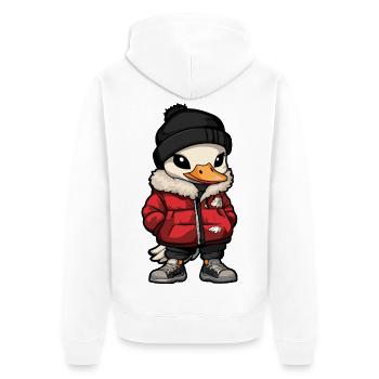 Ente mit roter Winterjacke und Mütze - Unisex Premium Bio Zip Hoodie - Weiß - Hinten - Thijin (182cm)
