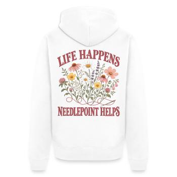 Das Leben geschieht, Nadelstich hilft bei der Floralität - Unisex Premium Bio Zip Hoodie - Weiß - Hinten - Thijin (182cm)