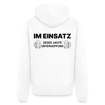 Im Einsatz gegen akute Unterhopfung – Bierspruch - Unisex Premium Bio Zip Hoodie - Weiß - Hinten - Thijin (182cm)