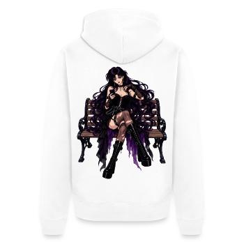 Gothic-Frau auf Parkbank – Violette Eleganz - Unisex Premium Bio Zip Hoodie - Weiß - Hinten - Thijin (182cm)