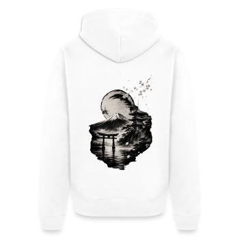 Mond über Fuji und Torii - Unisex Premium Bio Zip Hoodie - Weiß - Hinten - Thijin (182cm)