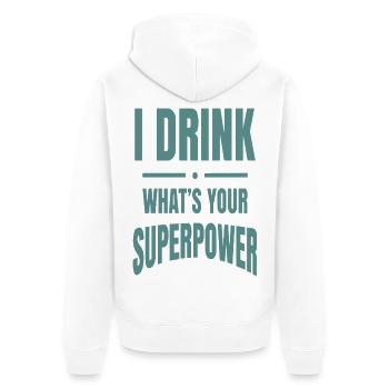 Ich trinke – Was ist deine Superkraft? - Unisex Premium Bio Zip Hoodie - Weiß - Hinten - Thijin (182cm)