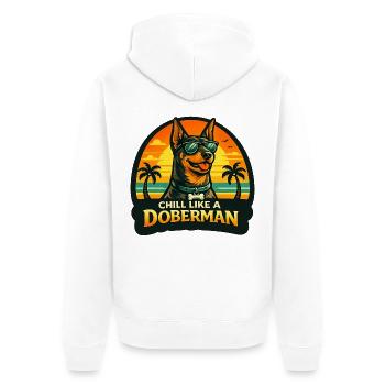 Dobermann mit Sonnenbrille am Strand im Retrolook - Unisex Premium Bio Zip Hoodie - Weiß - Hinten - Thijin (182cm)