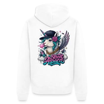 Street Alpaca mit Horn, Flügeln und Kaugummi - Unisex Premium Bio Zip Hoodie - Weiß - Hinten - Thijin (182cm)