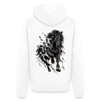 Galoppierendes Schwarzes Pferd – Zerrissener Trompe-l'oeil-Effekt - Unisex Premium Bio Zip Hoodie - Weiß - Hinten - Thijin (182cm)
