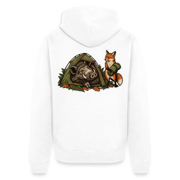 Wildschwein und Fuchs beim Zelten - Unisex Premium Bio Zip Hoodie - Weiß - Hinten - Thijin (182cm)