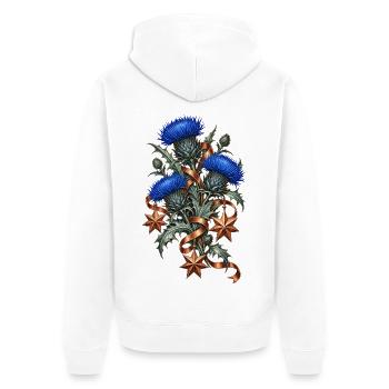 Blaue Disteln mit kupfernen Weihnachtssternen - Unisex Premium Bio Zip Hoodie - Weiß - Hinten - Thijin (182cm)