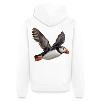 Papageitaucher im Flug – Seevogel mit Farbakzent - Unisex Premium Bio Zip Hoodie - Weiß - Hinten - Thijin (182cm)
