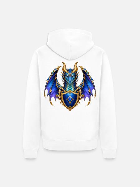 Saphirblauer Drache – Goldenes Wappenschild - Unisex Premium Bio Zip Hoodie - Weiß