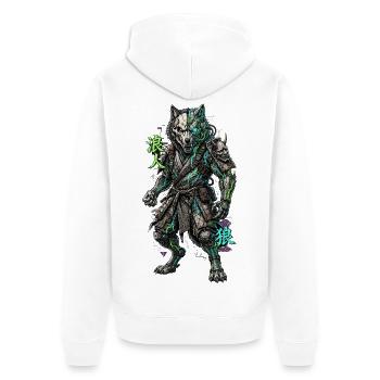 Cyber Wolf Mech Samurai Krieger - Unisex Premium Bio Zip Hoodie - Weiß - Hinten - Thijin (182cm)