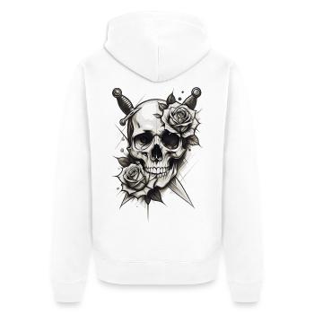 Dunkler Schädel mit Rosen Gothic Tattoo Stil - Unisex Premium Bio Zip Hoodie - Weiß - Hinten - Thijin (182cm)