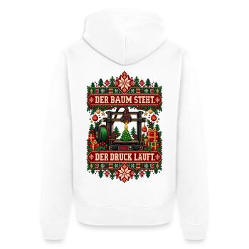 Der Baum steht. Der Druck läuft. - Unisex Premium Bio Zip Hoodie - Weiß - Hinten - Thijin (182cm)