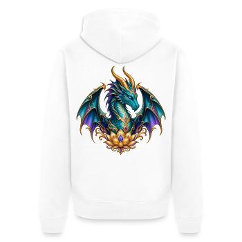 Lotusdrache – Türkiser Fantasy-Drache in Gold - Unisex Premium Bio Zip Hoodie - Weiß - Hinten - Thijin (182cm)