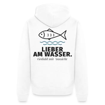 Lieber am Wasser – Fischmotiv - Unisex Premium Bio Zip Hoodie - Weiß - Hinten - Thijin (182cm)