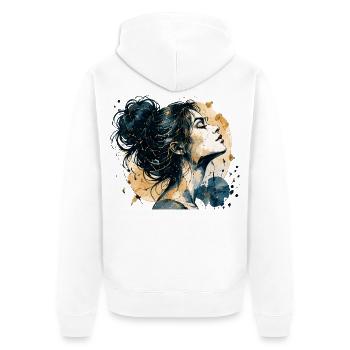 Frauenporträt in Blau und Gold – Aquarell - Unisex Premium Bio Zip Hoodie - Weiß - Hinten - Thijin (182cm)
