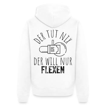 Der tut nix, der will nur flexen – Schwarz - Unisex Premium Bio Zip Hoodie - Weiß - Hinten - Thijin (182cm)