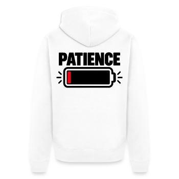 PATIENCE Akku Fast Leer - Unisex Premium Bio Zip Hoodie - Weiß - Hinten - Thijin (182cm)