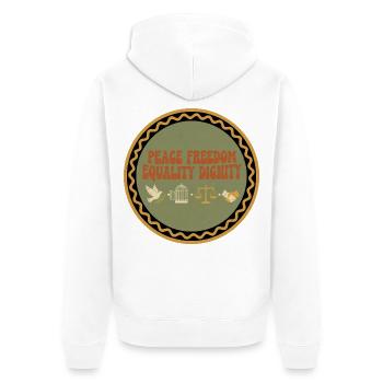 Frieden Freiheit Gleichheit Würde - Unisex Premium Bio Zip Hoodie - Weiß - Hinten - Thijin (182cm)
