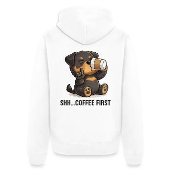 Rottweiler mit Kaffee und Spruch für Morgenmuffel - Unisex Premium Bio Zip Hoodie - Weiß - Hinten - Thijin (182cm)