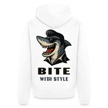 Cooler Hai im Rockabillylook mit Bite with Style - Unisex Premium Bio Zip Hoodie - Weiß - Hinten - Thijin (182cm)