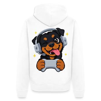 Gaming Rottweiler mit Headset und Controller - Unisex Premium Bio Zip Hoodie - Weiß - Hinten - Thijin (182cm)