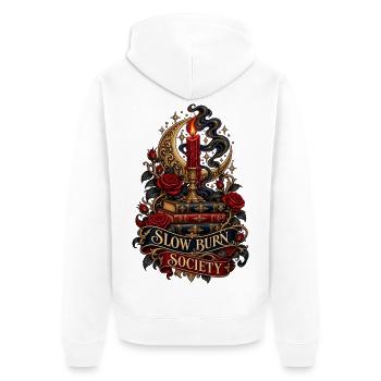 Slow Burn Society – Bücher Rosen und Kerzenschein - Unisex Premium Bio Zip Hoodie - Weiß - Hinten - Thijin (182cm)