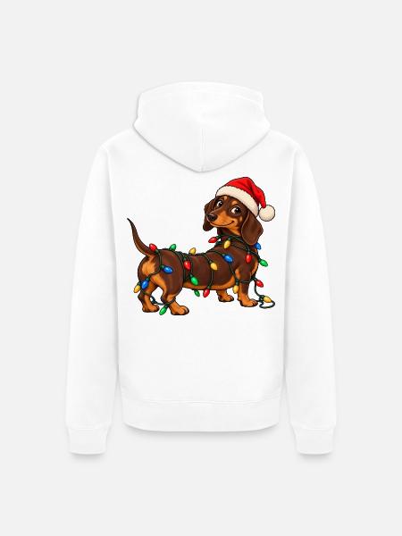 Lustiger Weihnachtsdackel mit bunter Lichterkette - Unisex Premium Bio Zip Hoodie - Weiß