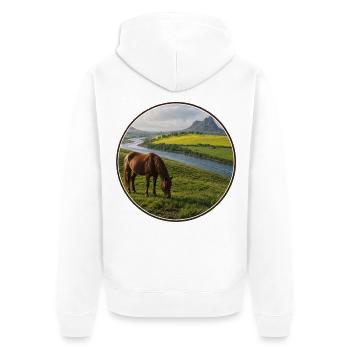Flusslandschaft mit Pferd auf der Wiese - Unisex Premium Bio Zip Hoodie - Weiß - Hinten - Thijin (182cm)